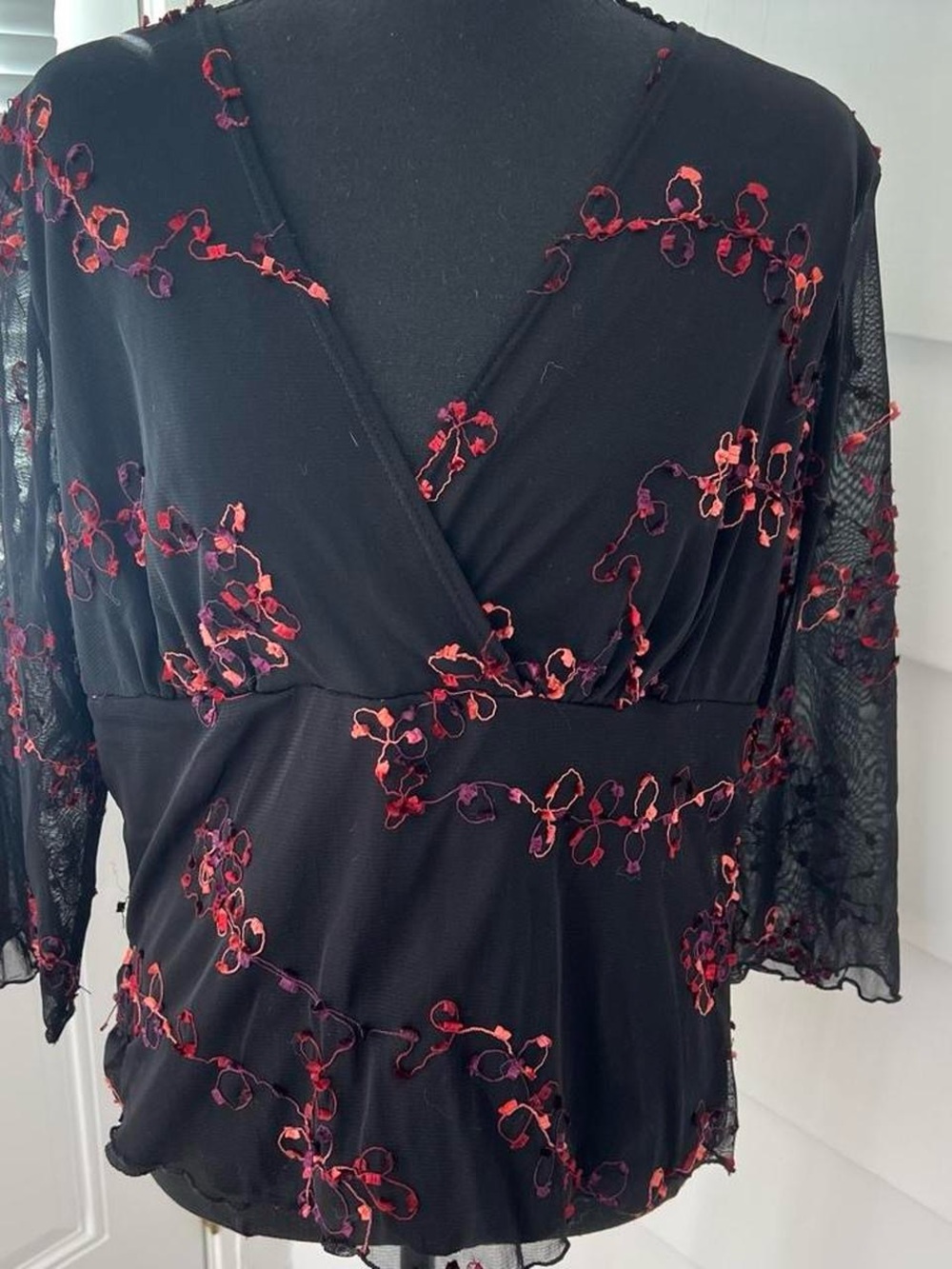 Vintage Whimsygoth Black Floral Embroidered Wrap Top with Red Accents